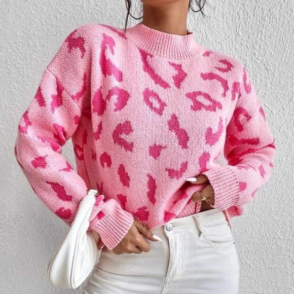 Casual Leopard Pattern Mock Neck Sweater Pink - Picture 5 of 5
